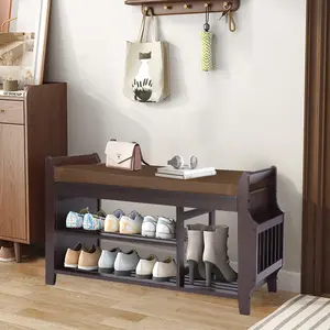 Bamboo Shoe Bench Entryway with Storage,Entryway Bench, Bench with Storage Basket,Bamboo Bench Removable Brown Cushion,2-Tier Entryway Shoe Storage with Umbrella Stand,Living Room or Hallway-L