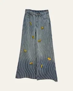Women's Cotton Loose-Fitting Jeans with Wave-Stitch Embellishments - Women's Denim Bottoms