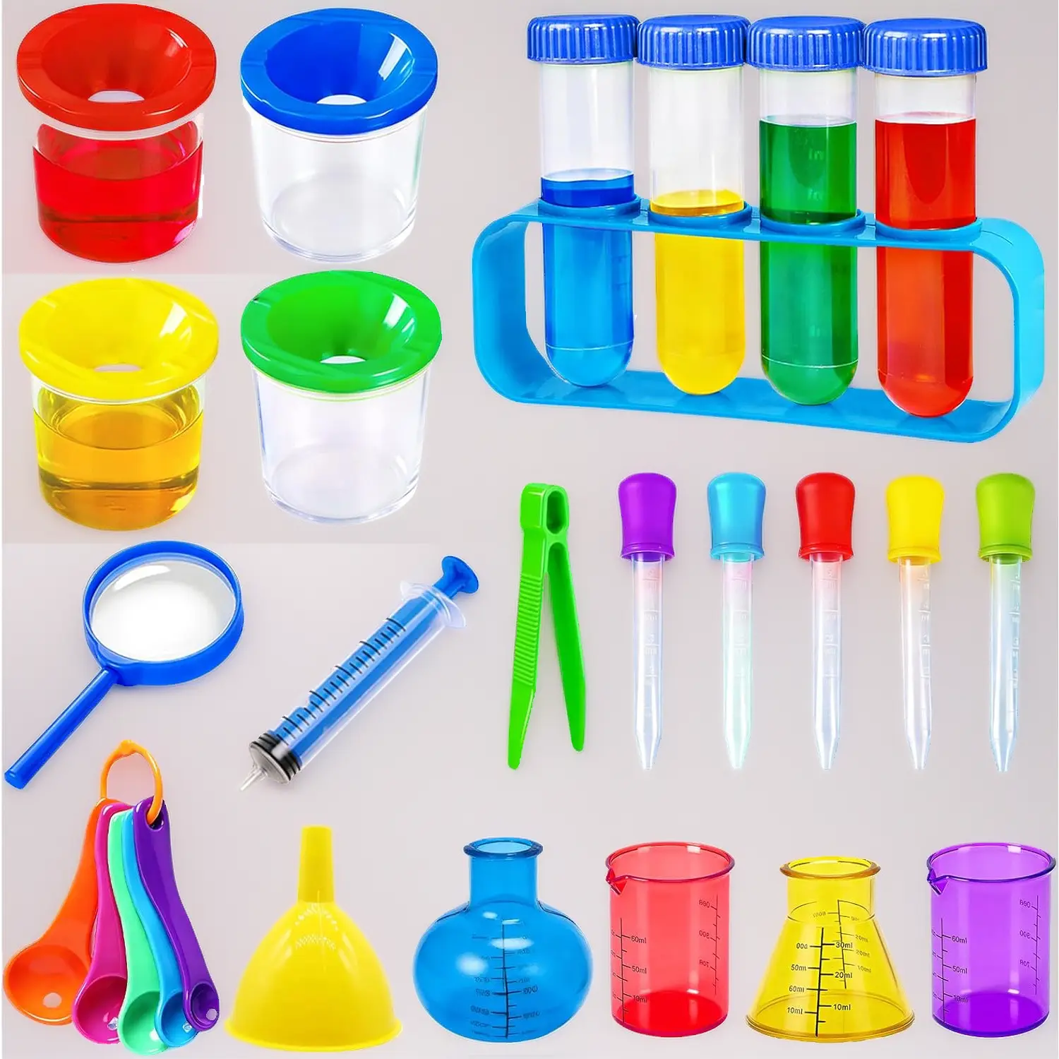 Magnifying Glass Tweezers Plastic Beakers Test Tubes with Caps, 23 Pcs Test Tubes Dropper Beaker Set for Birthday Party