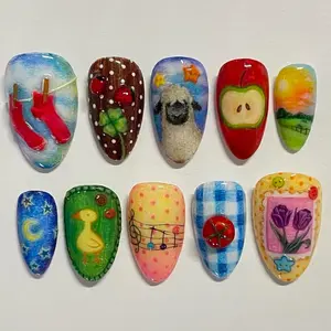 10 Almond Shape Nail Tips, Farmhouse Design with Sheep, Tulip, Duck, Apple, Glossy Finish, Reusable, Includes Jelly Glue and File