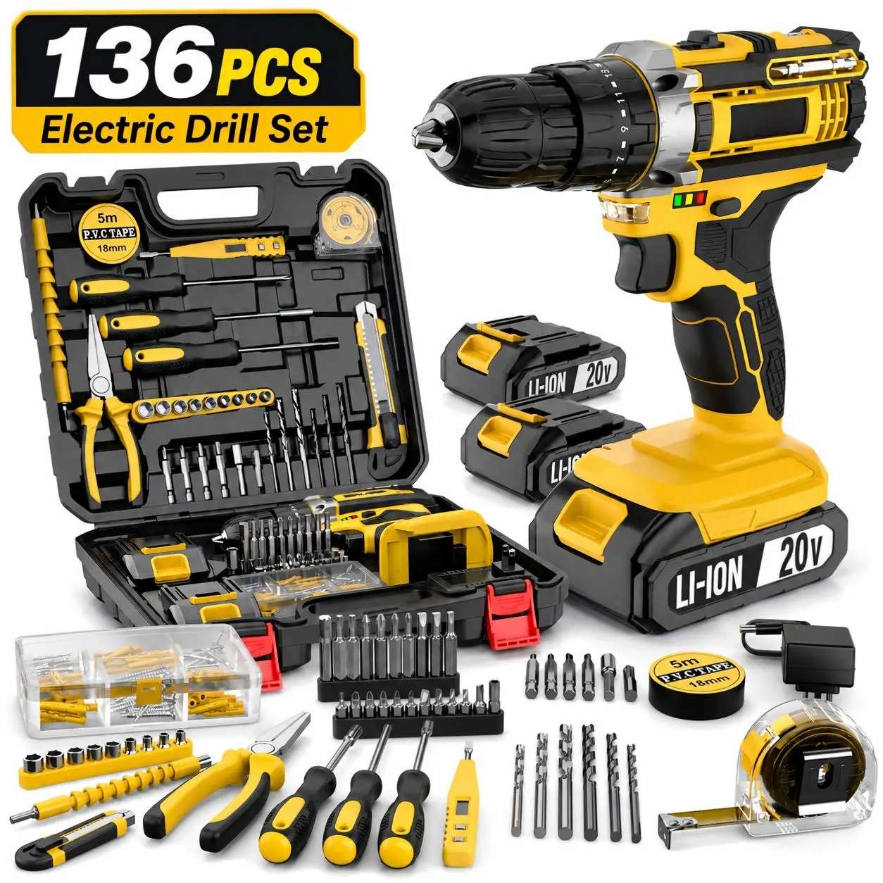 20V Rechargeable Lightweight Cordless Drill Set (136PCS) - Tools and Gadgets Kit with 2 Batteries, Pliers, Measuring Tape, Drill Bit Set, Hand Tools & Storage Case for Home Repair, DIY Projects