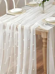 Pearl Mesh Table Runner, Wedding Veil, Dessert Tablecloth, Boho Style, Chiffon Sheer, Pearl Lace, Party Decoration, Bridal Shower Gift