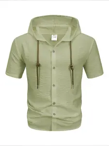 Men's Hooded Drawstring Short Sleeve Shirt, Textured Crinkle Fabric, Lightweight Comfortable Non-Sticky Sporty Outdoor Top for Daily Casual Wear