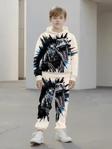 Boys' Dinosaur Themed Hoodie Set, Long Sleeves Slim Fit Design, Casual Daily Wear Suit, Perfect Gift for Kids & Teens