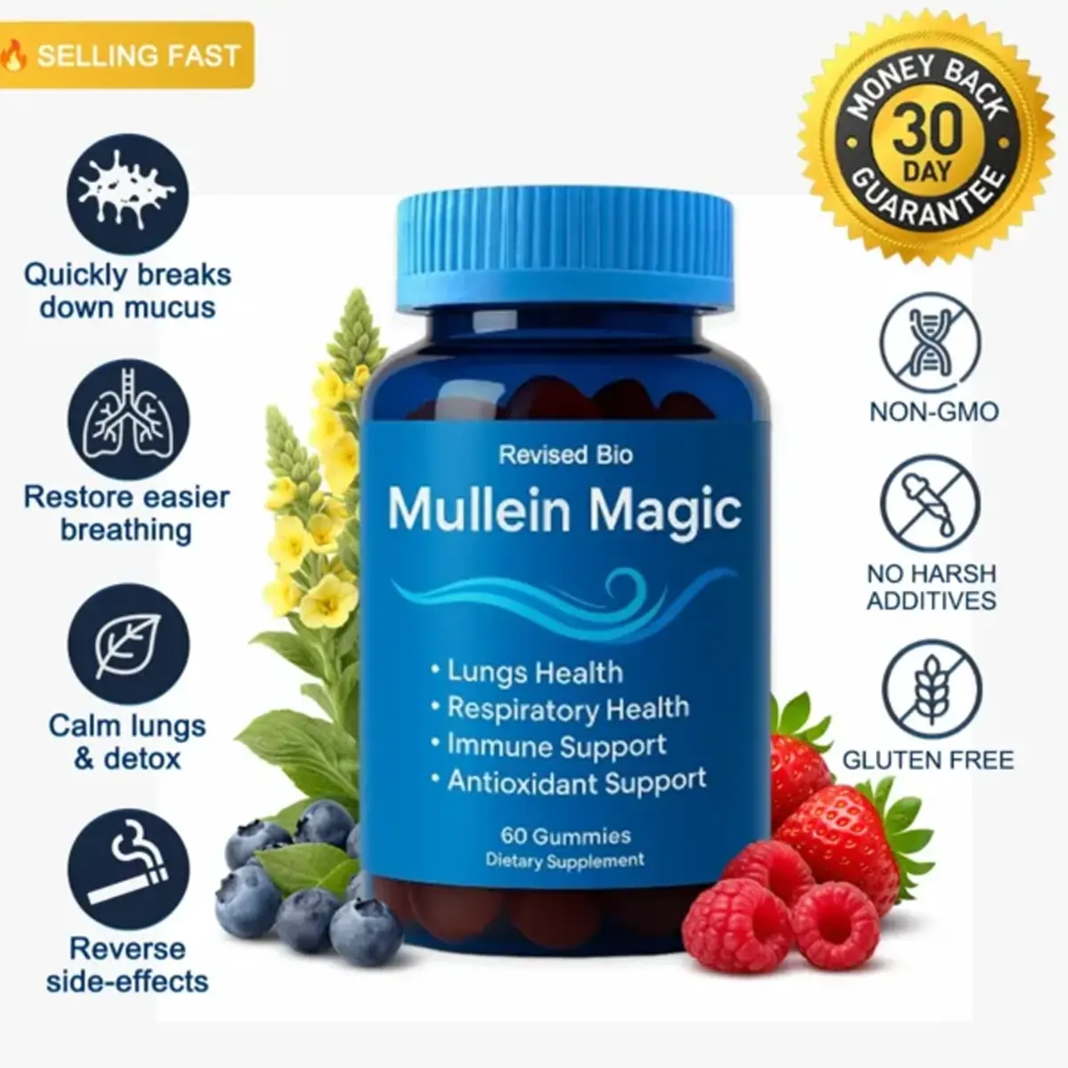 Mullein Gummies 2000mg – Lung Detox & Mucus Cleanse for Smokers, Mullein Leaf Extract Supplement for Lung Cleanse, Respiratory Support, Clear Airways, Breathe Better – Mixed Berry Chewable Gummies