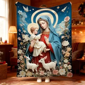 1pc Luxurious Blue and Red Sacred Art Blanket for Cozy Naps and All-season Comfort, Perfect for Bedroom, Sofa, and Camping Warmth, Featuring Intricate Floral and Animal Patterns, Heavenly Bedding Essential for Home Decor and Spiritual Serenity in Relaxati