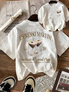 Women's Espresso Martini Cocktail Print Round Neck Tee, Casual Short Sleeve T-shirt for Daily Wear