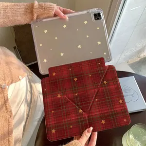 Plaid Gold Star Y-Type Foldable Stand iPad Case, Transparent Anti-Drop Back Cover with Pen Slot, Fits iPad 10/9/8/pro 11/air 3/4/5