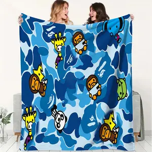 Street Camouflage Style Flannel Throw Blanket, Blues Cartoon Ape Head Print Theme Cover Blanket, Soft and Fluffy Warm Blanket, Outdoor Sports Blanket and Gift Blanket Are Suitable for Living Rooms, Sofas, Offices, Camping and Travel.