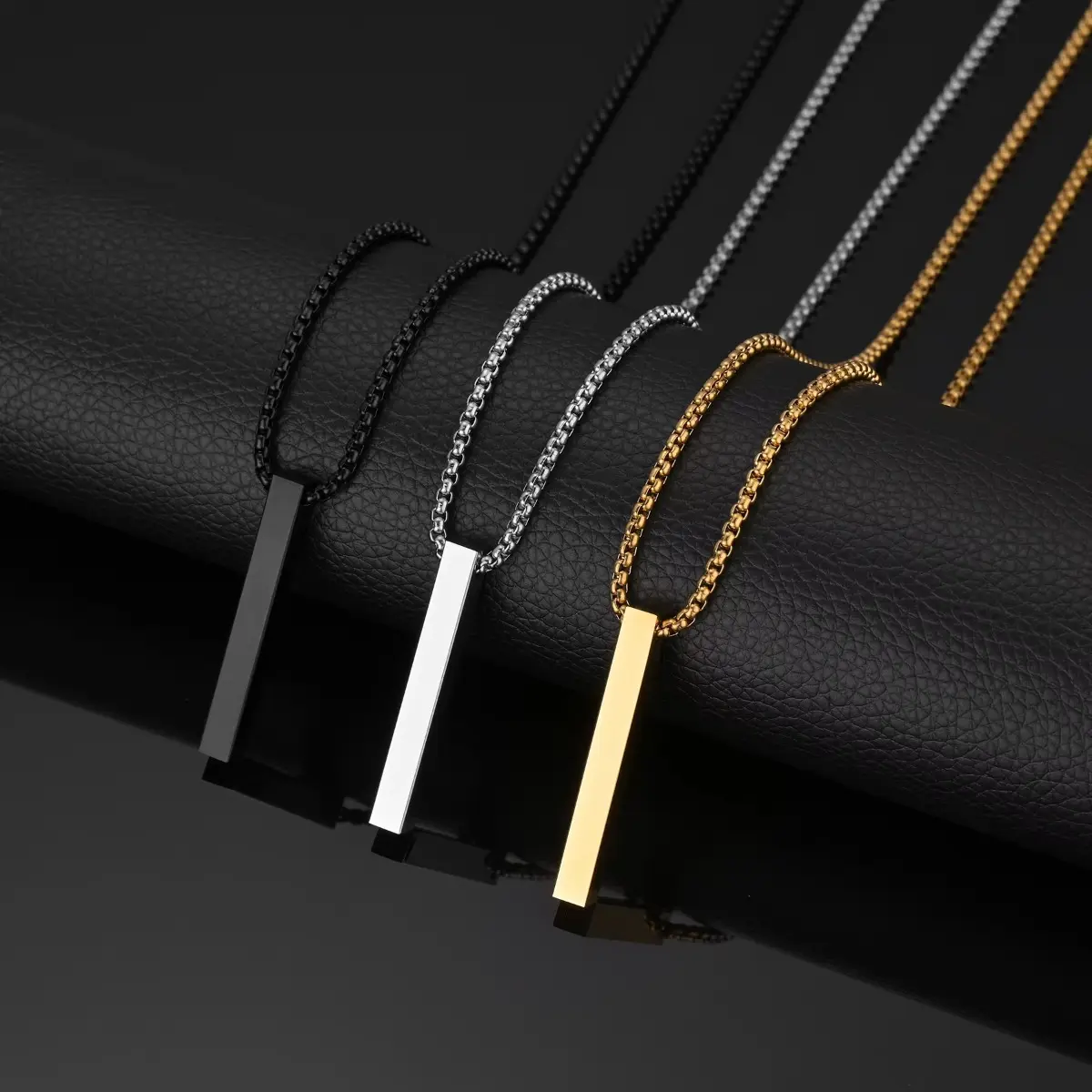 (3pcs/Gold/Steel/Black) Square Pendant Necklace for Men Women Blank Bar Couple Necklace Birthday Christmas Gift