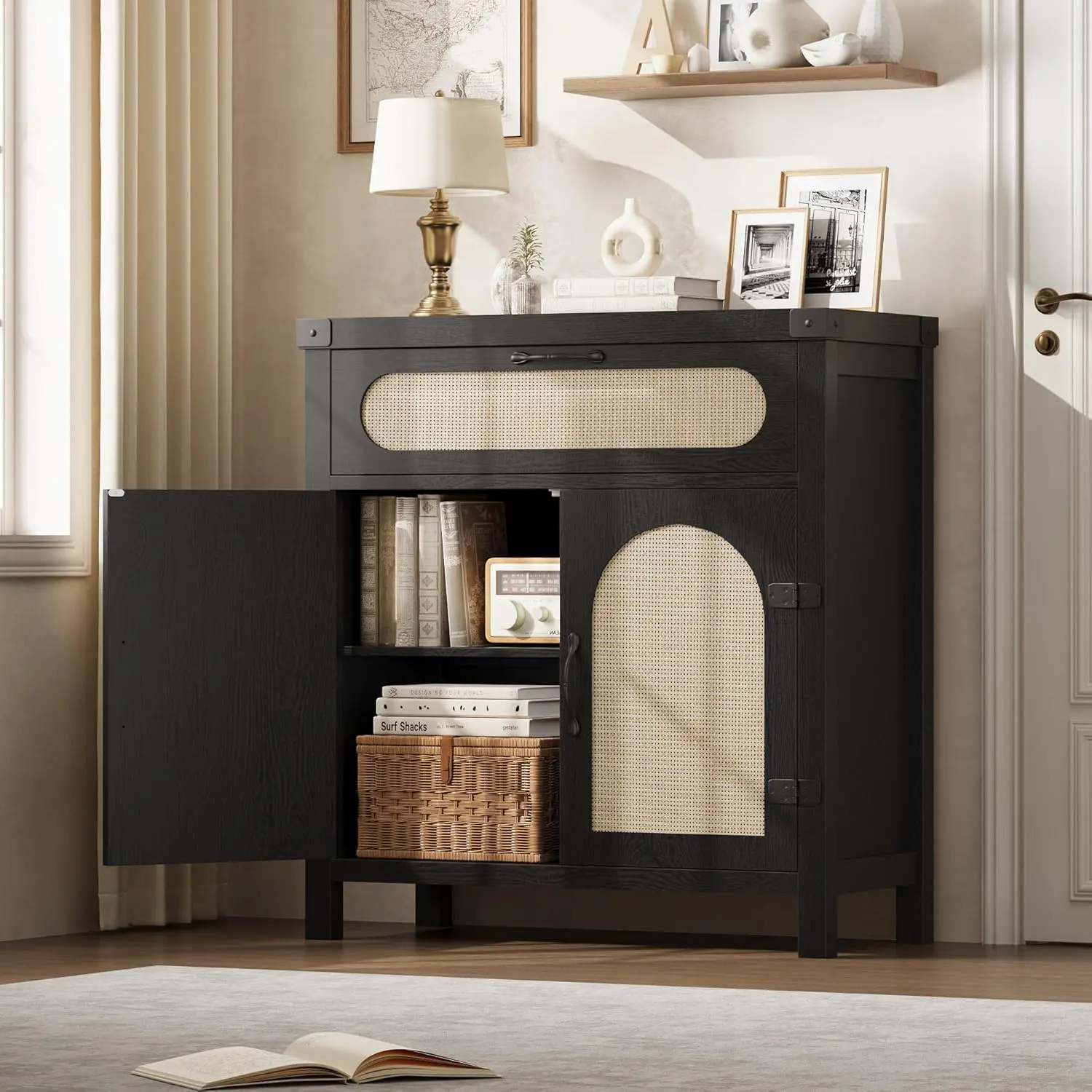 29.9 in Black Small Rattan Buffet Cabinet - Compact Double Door Sideboard with Storage, Drawer, Adjustable Shelves, Handle, Boho Farmhouse Black Furniture Sideboard for Kitchen Coffee Bar, Living Room Drawers Bar Cabinet, Black Furniture Sideboards, Compa
