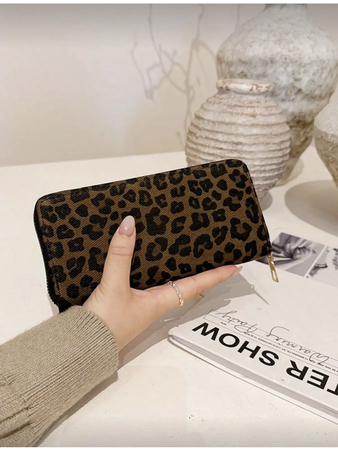 New Vintage Women's Zipper Long Wallet, Leopard Print, Multi Card Slots Phone Wallet, Zipper Coin Pocket, Anti-Theft Bifold Wallets, Wallet With Zipper