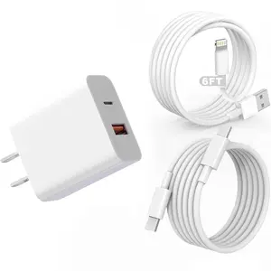 20W PD+QC3.0 Dual Port Fast Charging Charger with 6FT USB C to USB C/USB to Lightning Data Cable, Compatible with iPhone 17/16/15/14/13/12/11/pro Max/XS/XR, Super Fast Charging