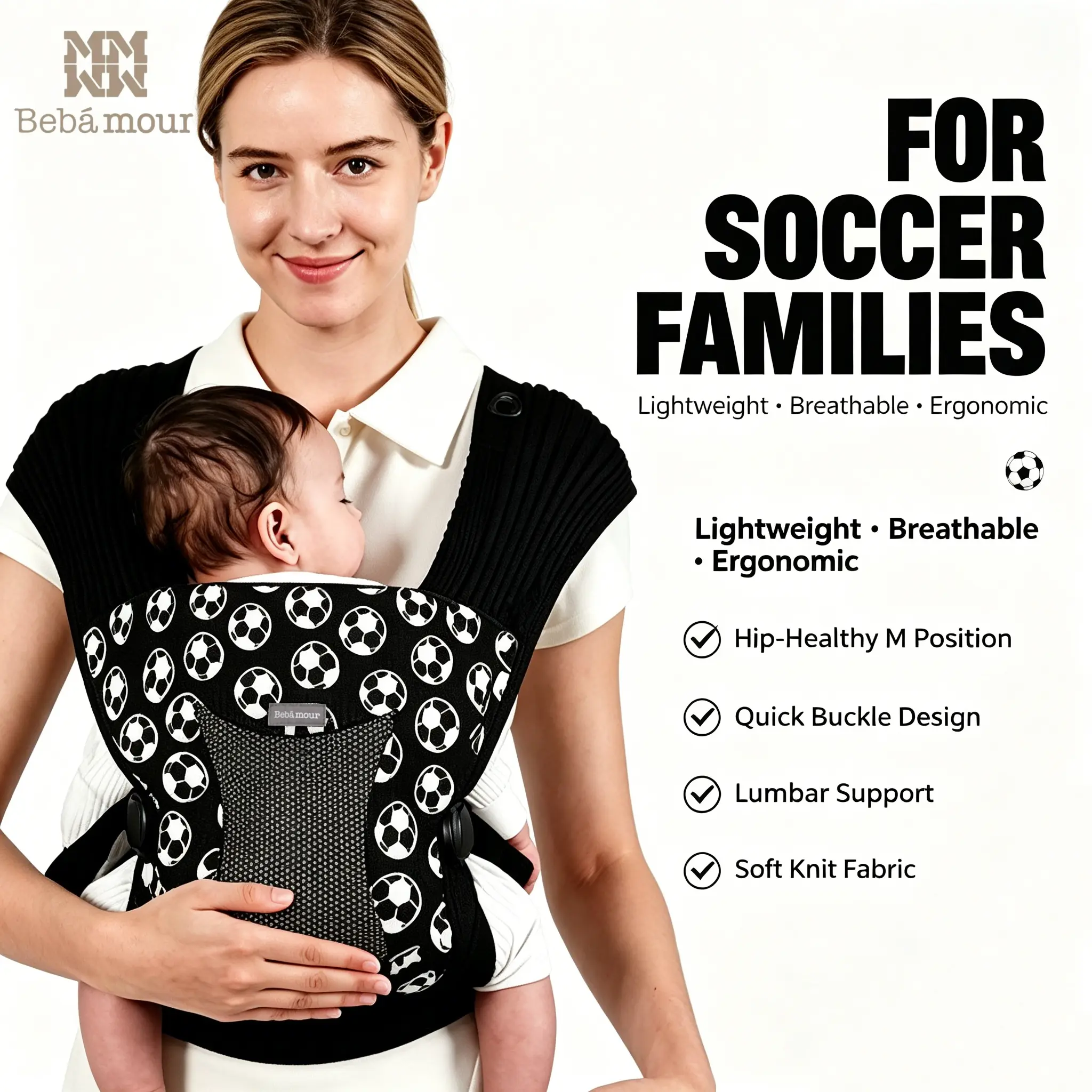 Bebamour Soccer Print Baby Carrier – Lightweight Breathable Carrier for Little Soccer Fans, Ergonomic Support, Newborn to Toddler