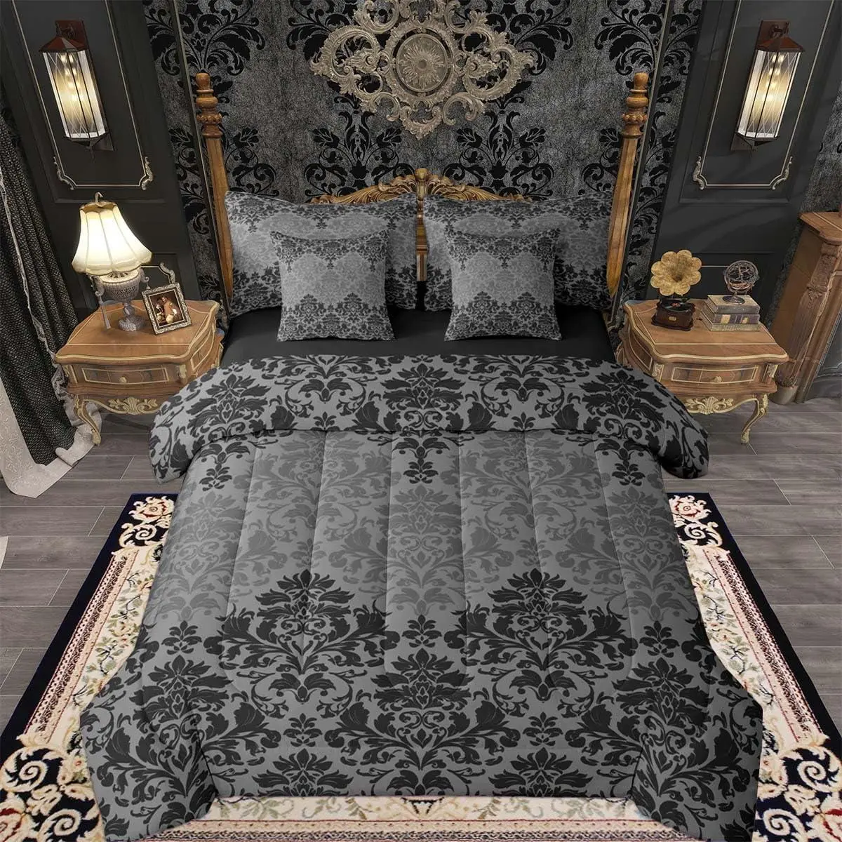 Black Grey Gothic Damask Comforter Set with Sheets for Kids Boys Girls Antique Victorian Baroque 7 Pieces Bedding Set Gothic Damask Floral Bed in a Bag Room Decor Soft