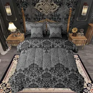Black Grey Gothic Damask Comforter Set with Sheets for Kids Boys Girls Antique Victorian Baroque 7 Pieces Bedding Set Gothic Damask Floral Bed in a Bag Room Decor Soft
