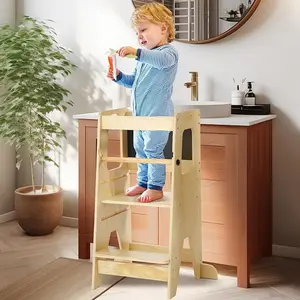 Wooden Kitchen Step Stool for Adjustable Height Platform Safety Rail and Blackboard  Toddler Learning Stool Helper for Bathroom & Kitchen Counter Use