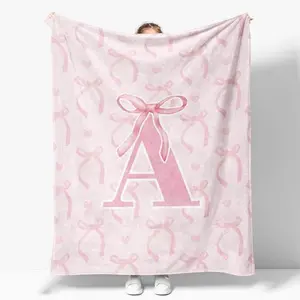 Single-sided printing Customized Blanket Coquette Pink Bow Throw Blanket  Personalized Initial A Soft Fluffy Cozy Flannel Blanket Monogrammed Gifts for Daughter Women Teen Girls for Bedding Bedroom Office