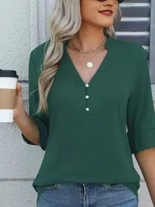 Women's Summer New Casual Ruffle Sleeve Top, Outdoor Vacation Style, Slim Fit Pearl Button Shirt, Blouse, Trendy and Fashionable
