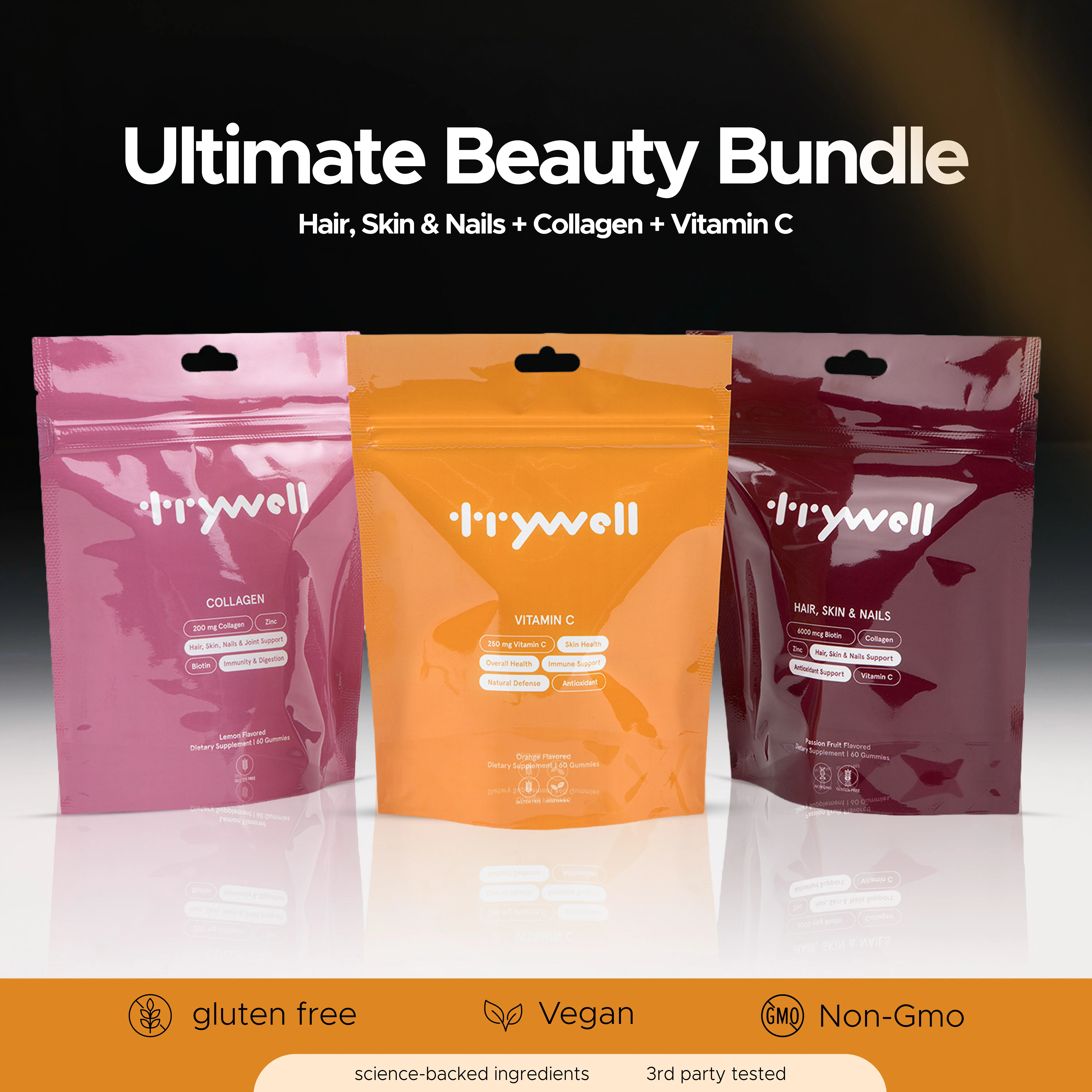 Beauty Combo Bundle - Collagen, Biotin, Zinc & Vitamins A, C, E - Support for Glowing Skin, Strong Nails, Hair & Joints - Antioxidant & Immune Wellness - Lemon, Strawberry & Orange Flavor - Gluten Free - 3-in-1 Kit