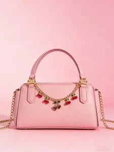 Pink Cherry Heart Charm Chain, Suitable For Various Bags Such As Shoulder Bags And Handbags. A Golden Chain Connects Plump Cherries With Sparkling Hearts, Perfect For Dates And Outings, Making It A Stylish Accessory For Everyday Outfits.
