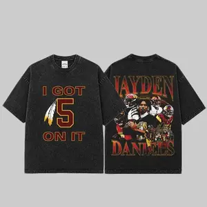 Jayden Daniels 'I Got 5 On It' Graphic Premium Acid Washed Cotton T-Shirt, Burgundy and Gold Apparel, Commanders Fans Football Streetwear Tee, Gift For Football Fan Graphic Tee T-Shirt