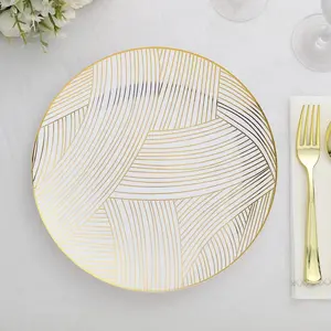 10-Pack Plastic Round Dinner Plates 10" White with Gold Wave Brush Strokes Pattern - Disposable Party Plates for Modern & Sophisticated Tablescape