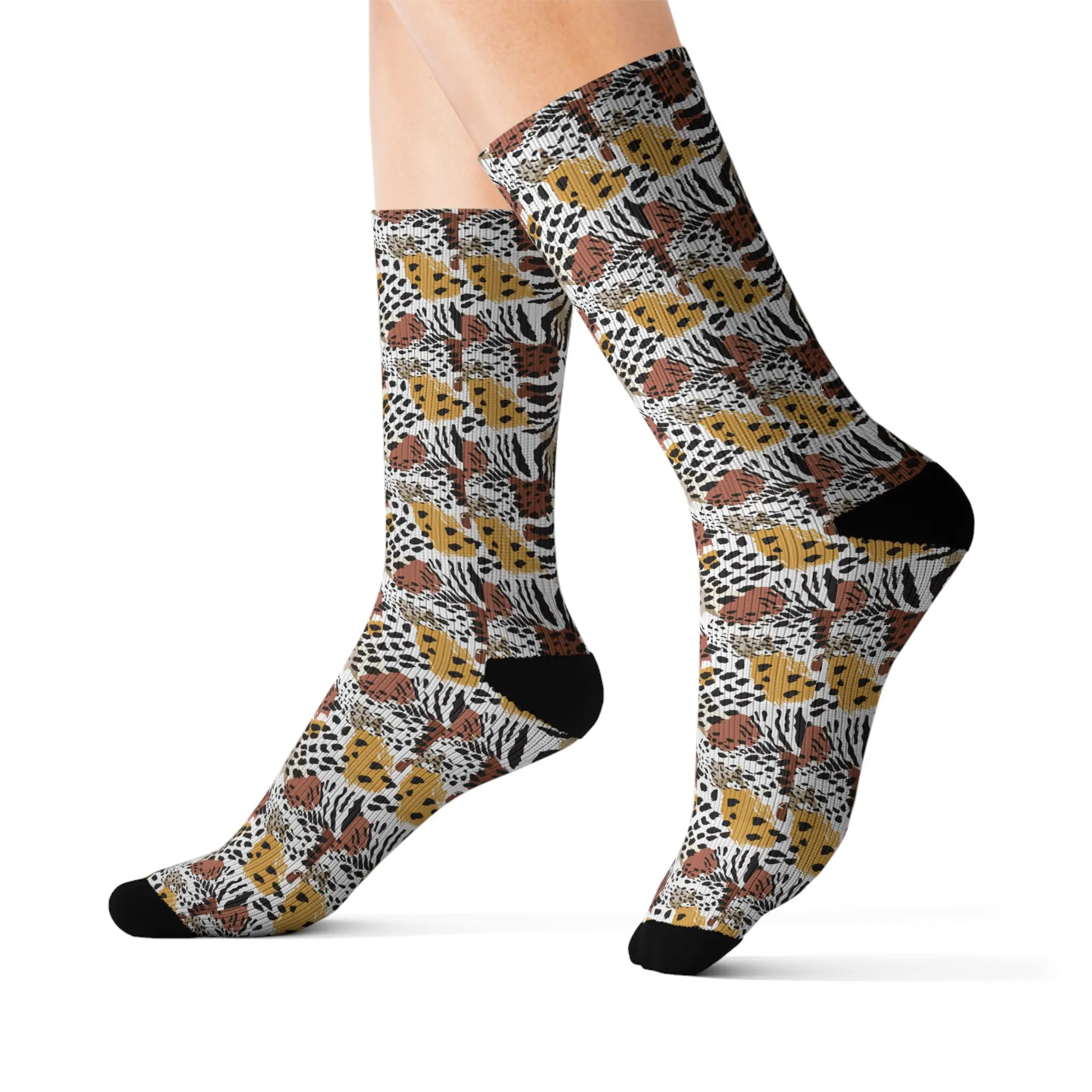 Men's Leopard-Tiger All Over Print Animal-Themed Mid-Calf Socks, 200-Needle Knit Ankle Sleeve Athletic Socks for All Seasons, Polyester Socks, Black Toe
