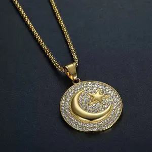Exquisite Zircon Islamic Muslim Star and Moon Round Necklace for Men and Women Religious Amulet Jewelry