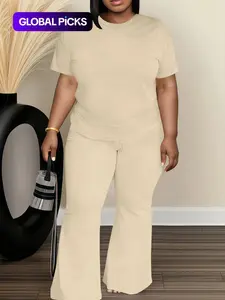 Women's Plus Size Fashionable Casual Round Neck Short Sleeve Top & Loose Fit High Waist Flare Leg Pants Set, Comfortable Plain Outfit