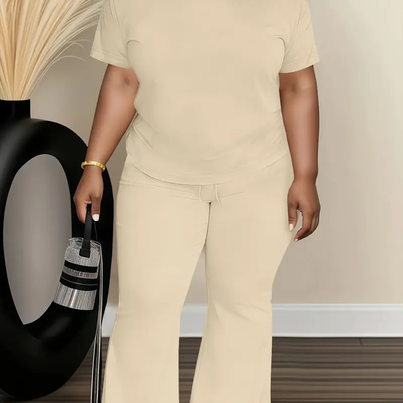 Women's Plus Size Fashionable Casual Round Neck Short Sleeve Top & Loose-Fit High Waist Flare Leg Pants Set, Comfortable Minimalist Plain Outfit for Everyday Wear, Two Pieces Outfits