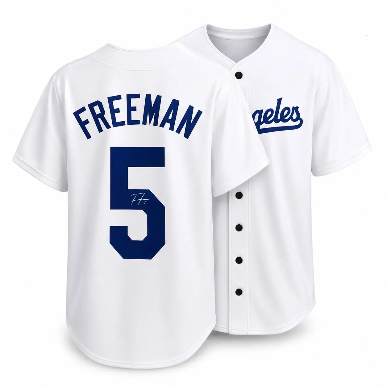 All-over Print Baseball Jersey Without Piping, Blue White Baseball Uniform, Freeman #5 Facsimile Autographed Sports Fan Jersey, Lightweight Breathable Athletic Graphic Baseball Shirt, Game Day Apparel for Men Women Baseball Fans