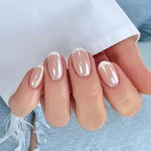 Chrome French Tip Press On Fake Nails Short Ovale, Wihte Tip Nude Glazed Design Solf Gel with Glue Press on Nail for Women Girls Gift, Reusable Glossy Stick on Glue on Nails Salon Qualily