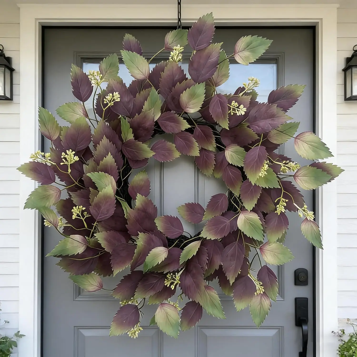 26" Tropical Silk Purple Hibiscus & Eucalyptus Leaf Wreath - Large Artificial Evergreen Plants Decoration for Front Door, Porch, Home Hanging Decor - All Seasons