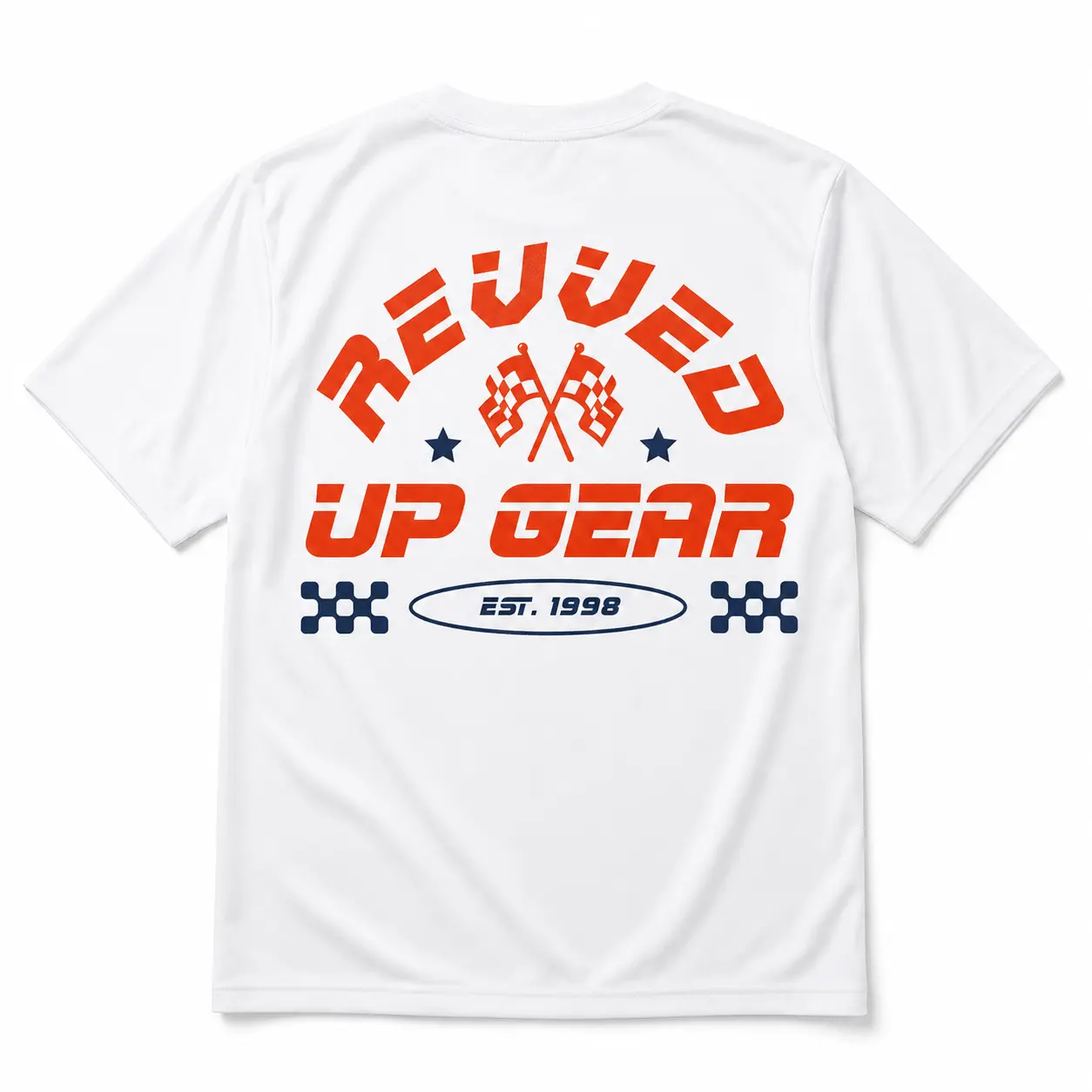 Menswear Short-Sleeve Crewneck Graphic T-Shirt - A-Revved Up Gear, Vintage Racing Checkered Flags Graphic Print - Soft Breathable Cotton, Stylish Unisex Casual Streetwear - Machine Wash Summer Everyday Top 3143