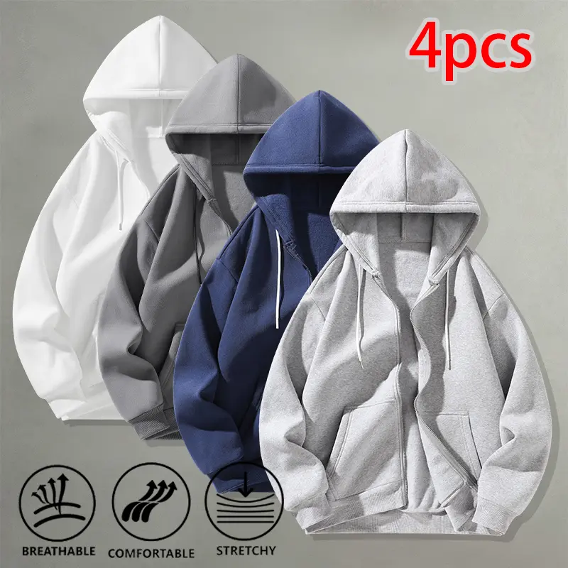Basic casual zip-up sweatshirt cardigan, 4-piece set, color-rotate design, light sporty commuter outerwear, versatile jacket