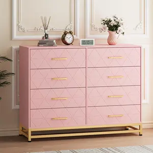 【Christmas Gift】Pink Dresser TV Stand 8 Drawer Dresser for Bedroom Wooden Chest of Drawers Modern Entertainment Center with Metal Handles and Legs Wide Dresser Storage Organizer for Living Room Hallway