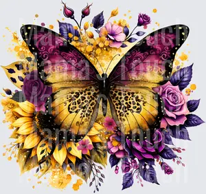 Monarch Butterfly with Purple Roses and Sunflowers Floral Bouquet