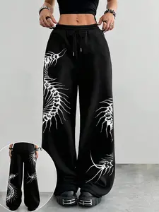 Women's High Waist Loose Fit Wide Leg Pants, Spider Pattern Design, Punk Style, Casual Dark Aesthetic, Unique Fashion for All Seasons, Casual Elastic Waisted
