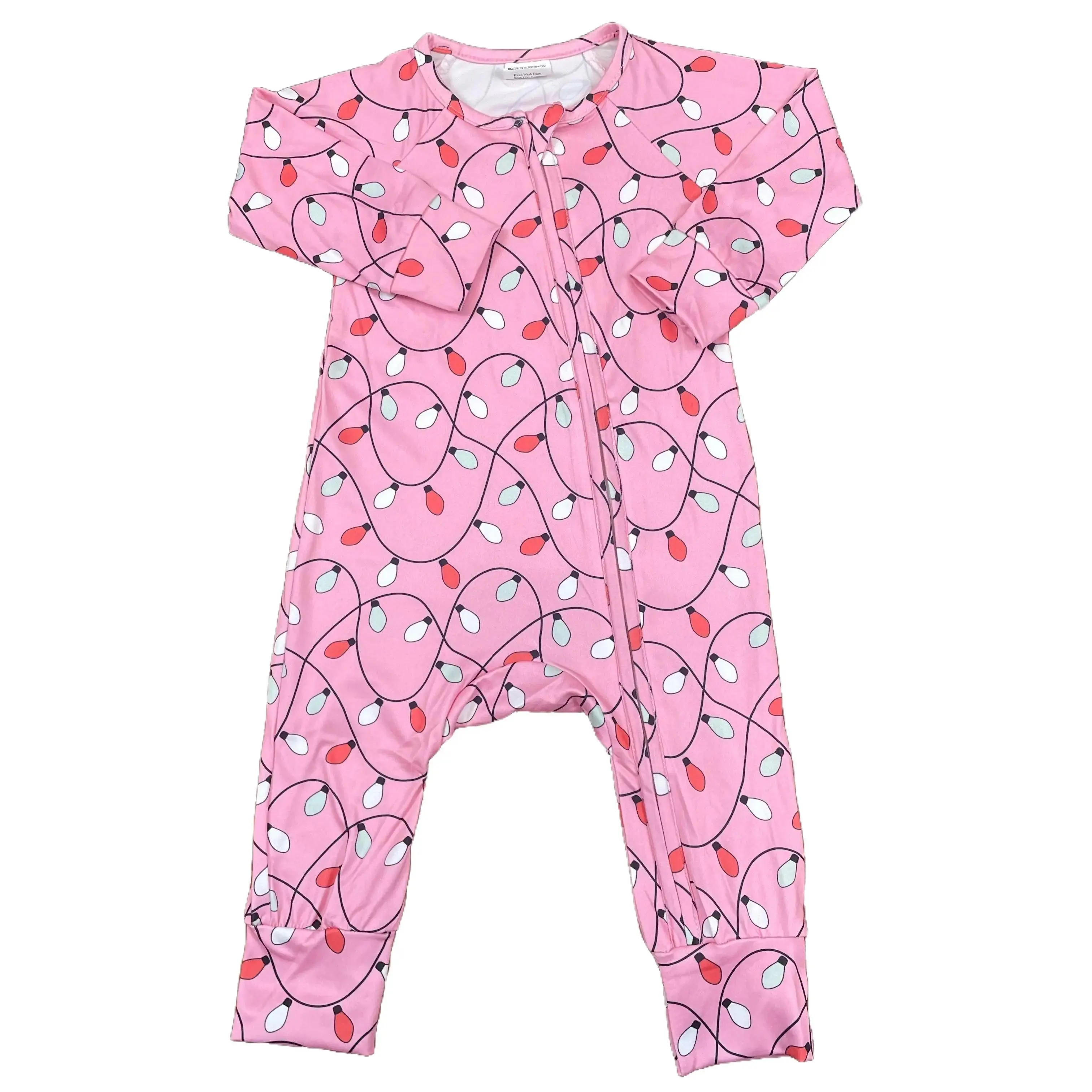 Baby Girls' High-Quality Newborn Christmas Print Cotton-Elastane Long-Sleeve Footie Bodysuit - Zipper, Drop Shoulder, Chain Closure, Holiday Pajamas, Newborn Onesies, Infant Outfit