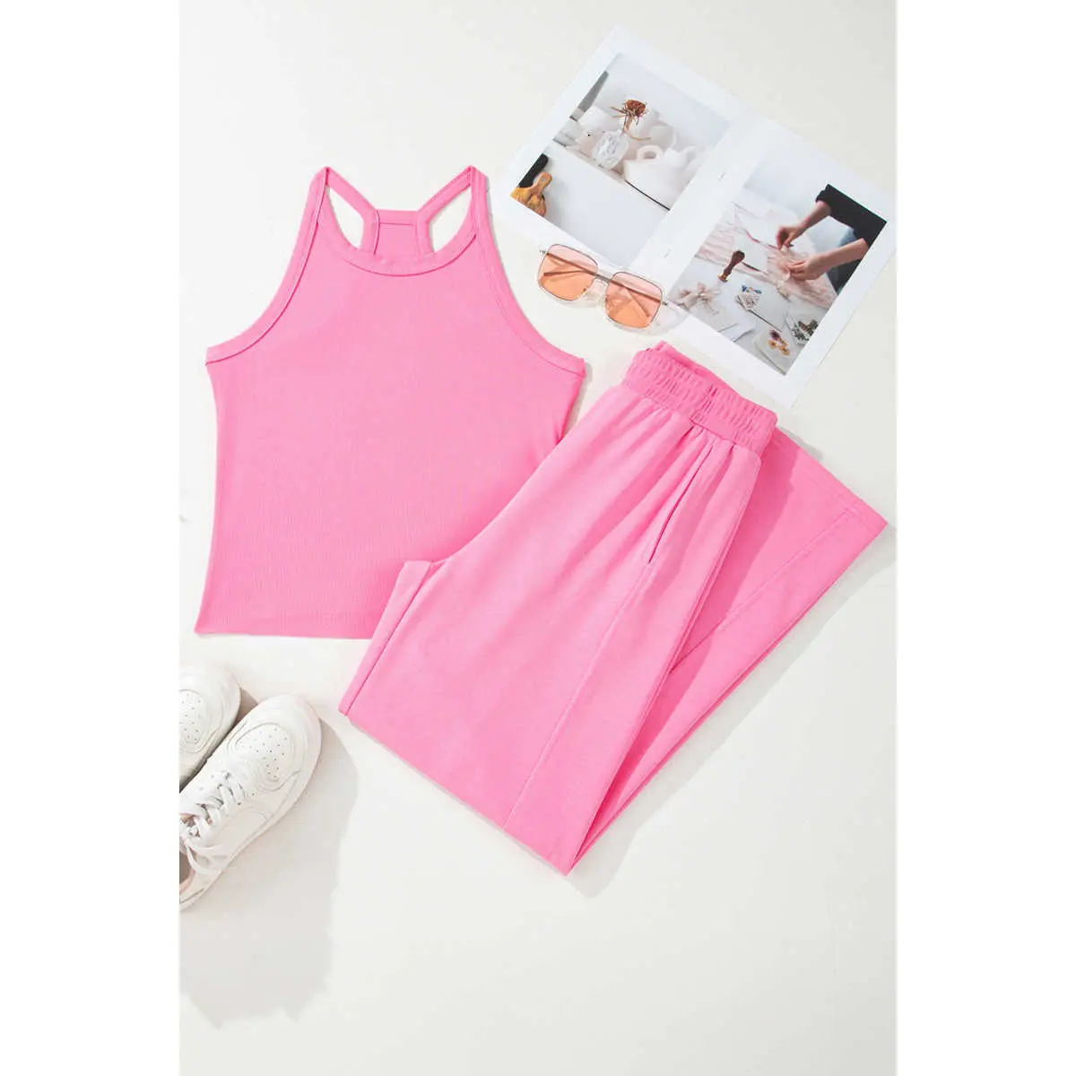 Sachet Pink Slim Ribbed Tank Top and Sweatpants Set