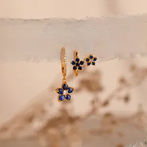 Sapphire Flower Earrings Set by Caitlyn Minimalist - Dainty Blue Floral Gemstone Earrings in Gold & Silver - Set of 3 Sapphire & Diamond Earrings - Nature Jewelry - Graduation Gift for Her