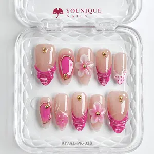 Younique Nails 3D Floral Press-On Nails Collection 10PCS Handmade Reusable Glossy Design with Flowers & Gold Accents RY/AL-PK-028 Long-Lasting Luxury Pearls Rhinestones