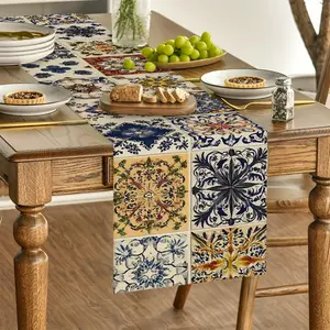 Mosaic Tile Floral Pattern Kitchen and Dining Table Runner Holiday Party Decoration Indoor Outdoor Use Ideal for Family Gatherings Great for Daily Use in Any Room