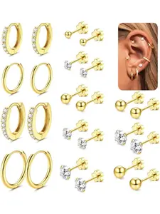 12 Pairs Stud Earrings Jewelry for Women Surgical Steel Hypoallergenic Huggie Fashionable Hoop Earrings Set, Tiny Cz Flat Back Helix Cartilage Earrings in & Silver Color Studs Earrings Hoop Earring Sets