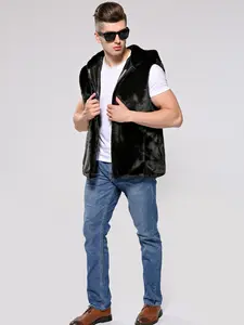 Men's Faux Mink Vest Fake Fur Jacket Zip Hooded Casual Warm Coat, Soft Polyester Inner, Fall Winter Daily Wear, Fashionable Style