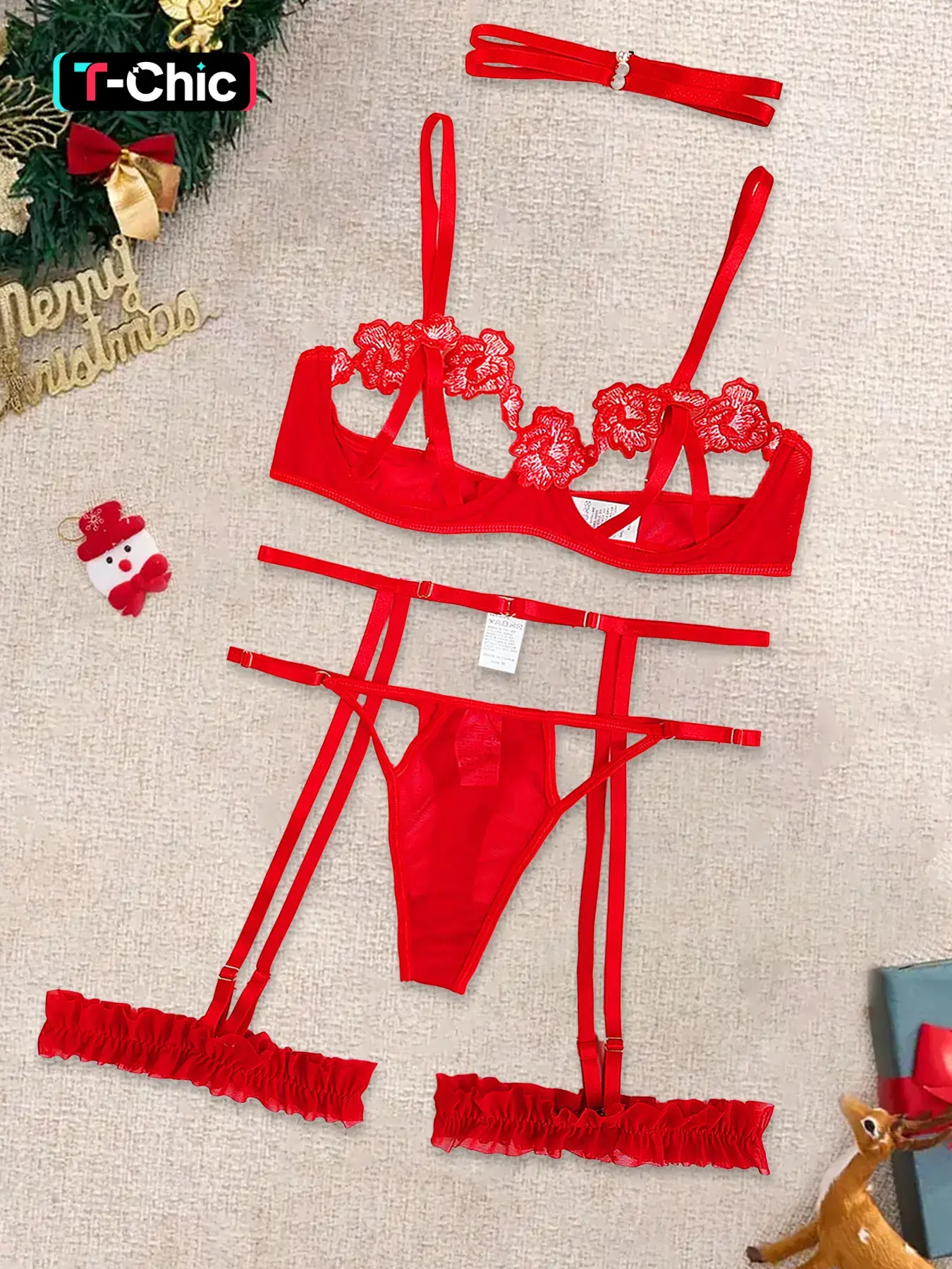Christmas Lingerie Set with Underwire Bra, Thong, Collar, Garter Belts, Leg Bands, Sexy Lace Quality, Comfortable Fitted Women's Intimates Underwear
