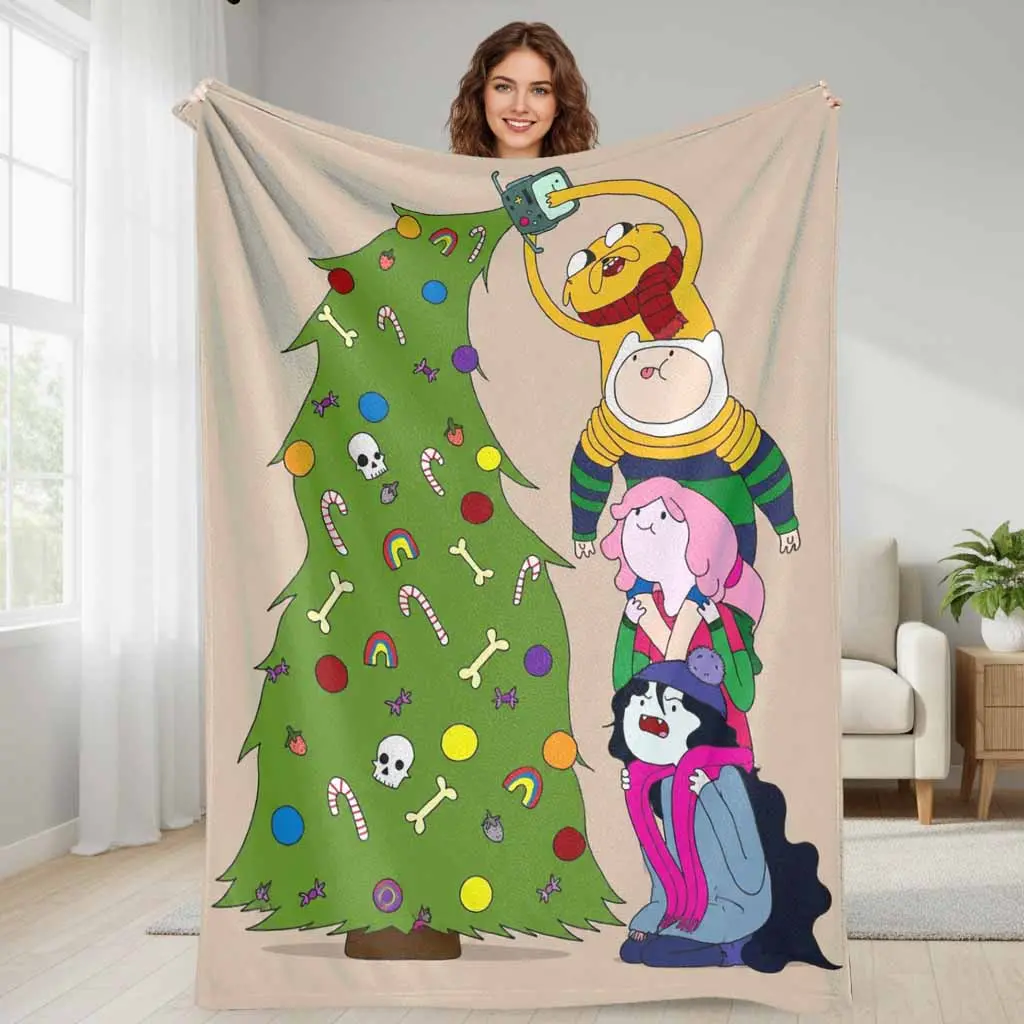 Adventure Time Christmas Tree Cartoon Print Flannel Blanket - Soft, Lightweight, Cozy Flannel Fabric Throw for Living Room, Holiday Gift - Room Decor, House Decor, Cozy Look Accent