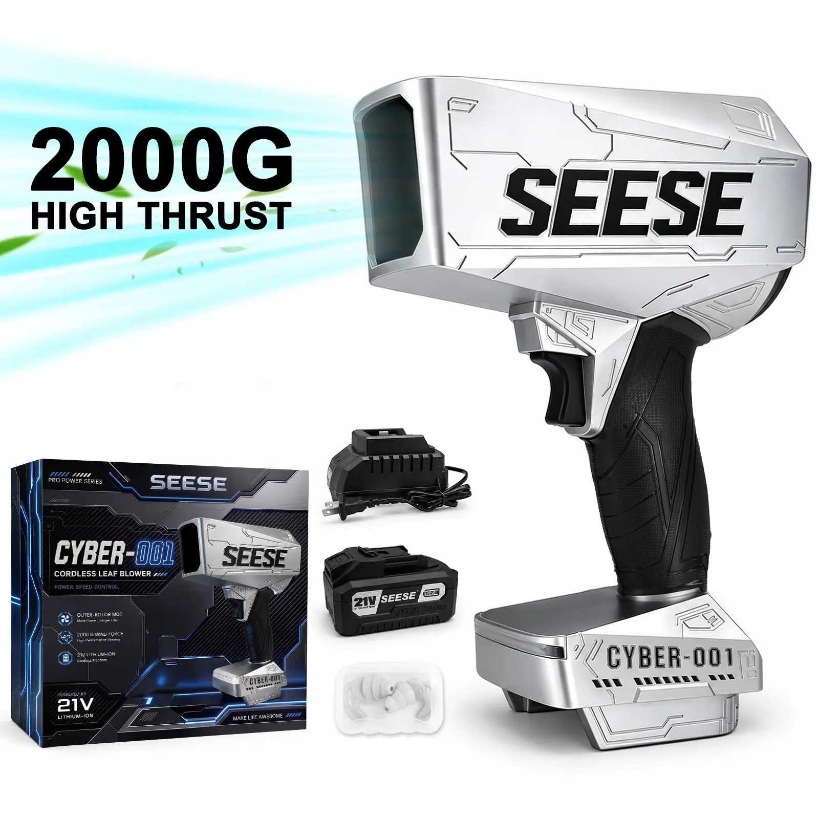 SEESE 2000G Cyber Cordless Leaf Blower Violent TurboFan,120 MPH+,BrushlessPure Copper Motor Jet Fan With Battery,CordlessTurbo Super Power Air Duster, Car Drying after Wash, SnowRemoval