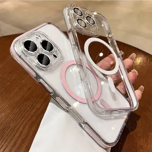 [KQ]Anti-skid Bumper Transparent Magsafe Case for iPhone 16 14 15 Plus 17 Pro Air Magnetic Wireless Charge Cover for iPhone 17 13 14 15 16 Pro Max